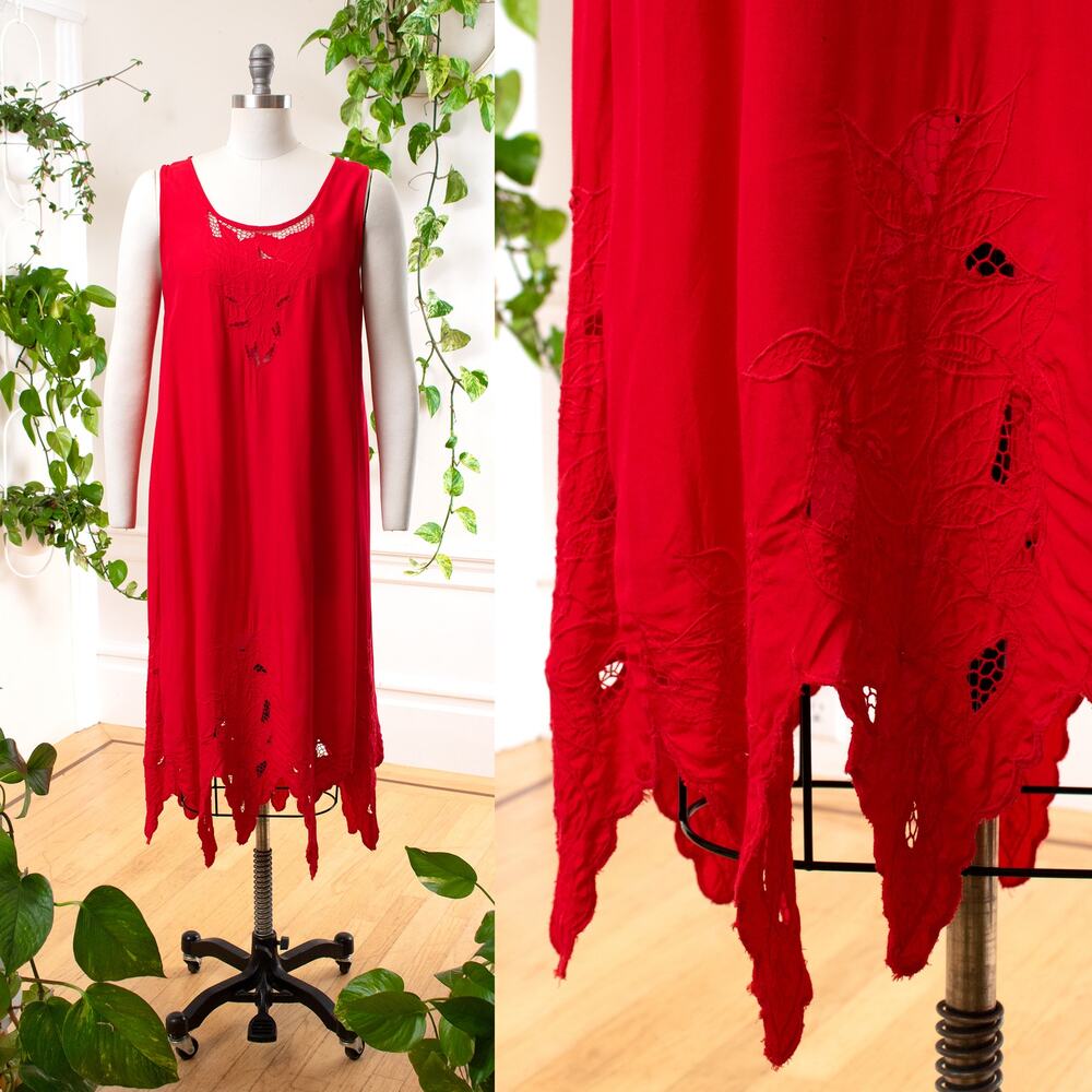 Vintage 1980s Sundress 80s Red Cutwork Hawaiian Vacation Zig Zag Hem Dress